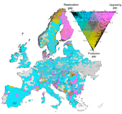 Die Karte zeigt die Verteilung der L&uuml;cken bez&uuml;glich Schutz, Wiederherstellung und Aufwertung von Prim&auml;rw&auml;ldern in Europa zur Erf&uuml;llung der aktuellen Schutzziele. (Bild: Abbildung aus der Publikation https://doi.org/10.1111/ddi.13158)