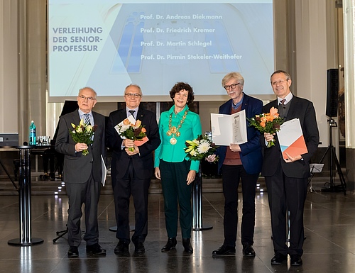 iDiv member Prof Martin Schlegel is one of four new senior professors at Leipzig University who were handed over their certificate by rector Prof Beate Schücking on 3 December (f.l. Prof Dr Friedrich Kremer, Prof Dr Martin Schlegel, Prof Dr Beate Schücking, Prof Dr Andreas Diekmann, Prof Dr Pirmin Stekeler-Weithofer; picture: Leipzig University/Swen Reichhold).