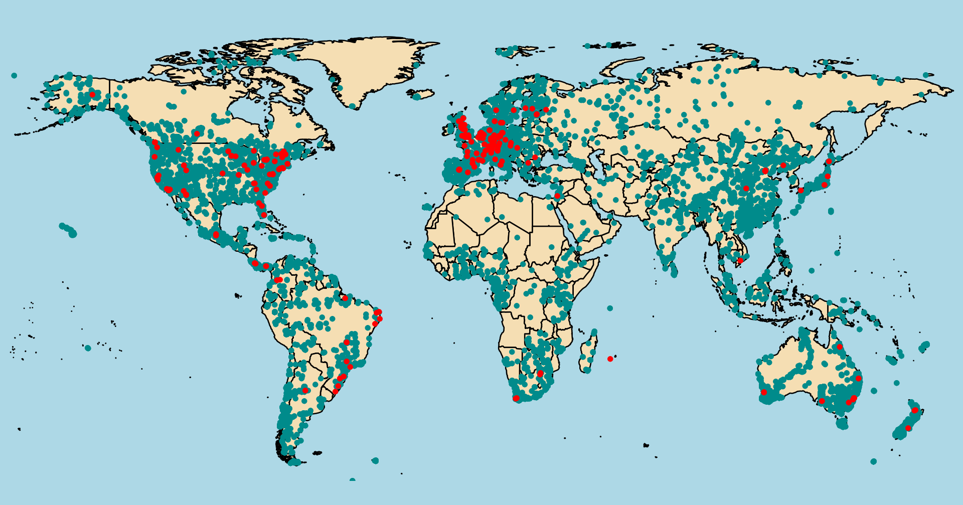 Sites of trait measurements compiled in TRY (blue) and locations of institutes contributing data to TRY (red).