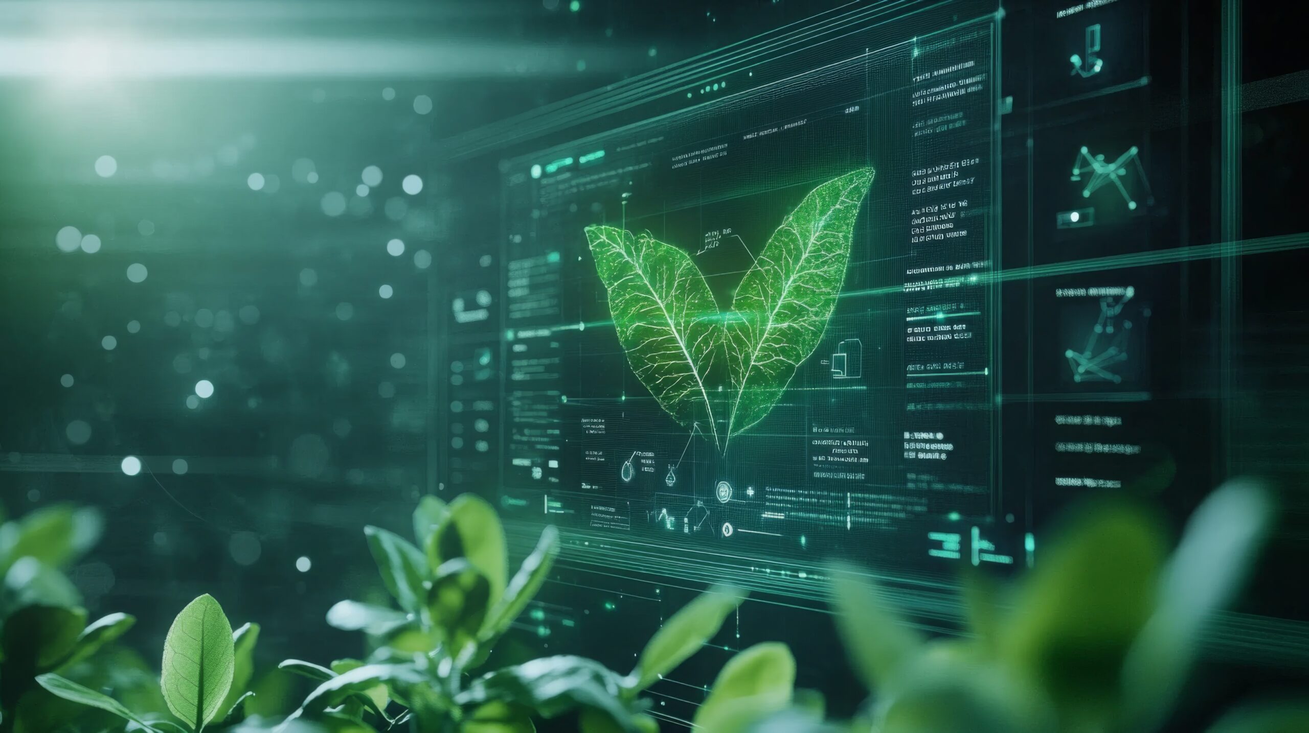 idiv-Digital interface displaying a green leaf with data and charts in the background