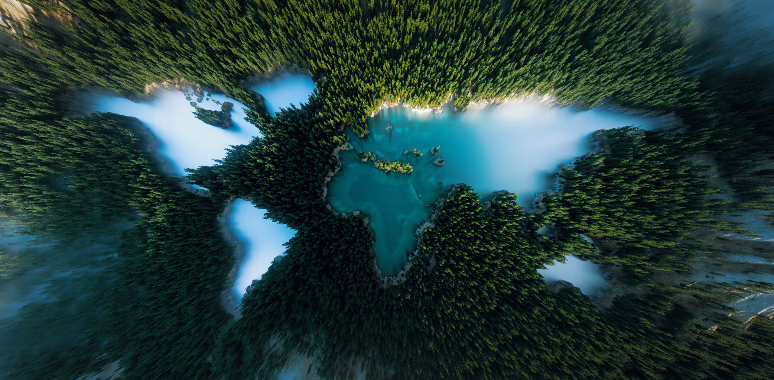 idiv-Nature's masterpiece unveiled: A lush mountain forest with a continent-shaped turquoise lake from an aerial ultra-wide view. A call to protect our planet through sustainable development. 3D rendering.